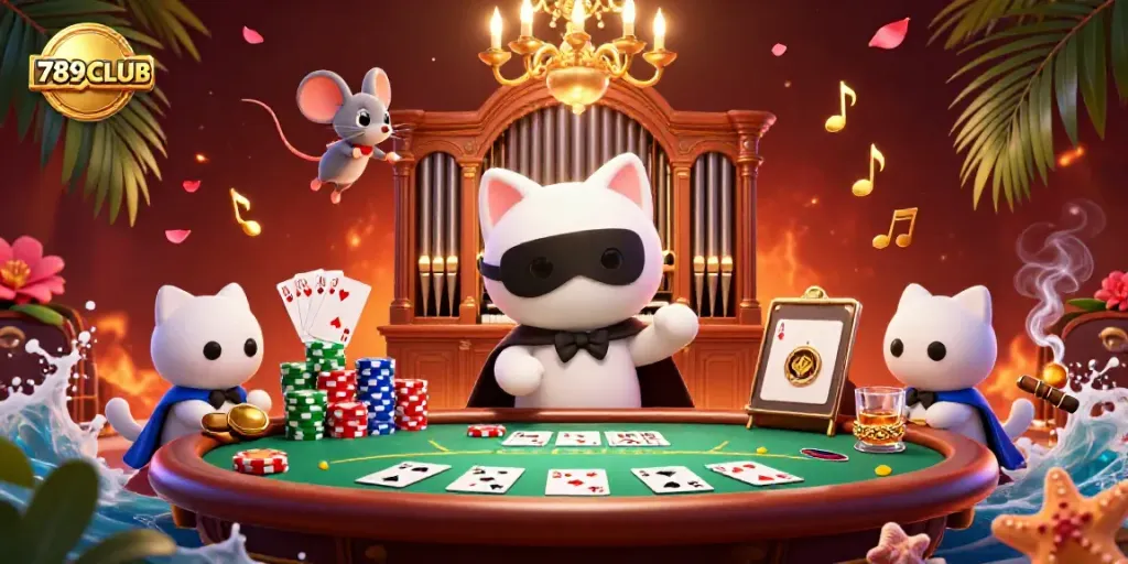 Enjoy thrilling poker action with 789CLUB in this lively casino illustration featuring 3D characters and vibrant game elements.