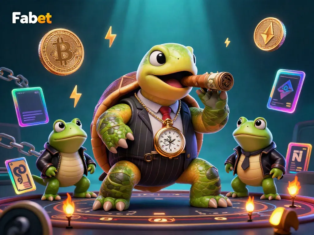 Experience the vibrant Fabet casino with a dynamic scene featuring a snapping turtle in a mobster suit, flanked by bullfrogs and glowing crypto coins.