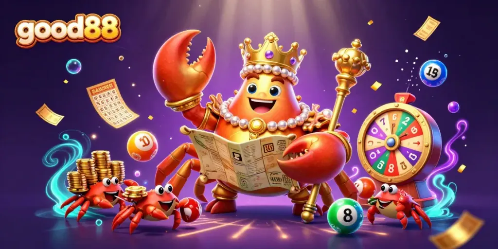 Enhance your chances at good88 with a dynamic gaming scene featuring a golden crab emperor and vibrant lottery elements.
