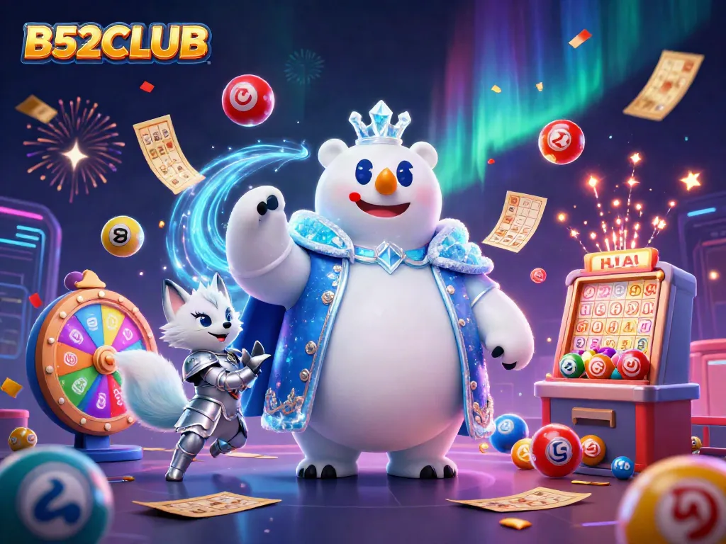 B52CLUB showcases vibrant 3D polar bear and fox in a thrilling lottery scene, bringing excitement to players.