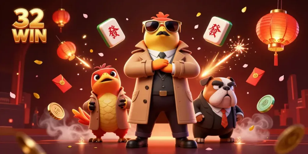Experience the vibrant world of 32 WIN with raptors in a trench coat entering a VIP casino lounge.