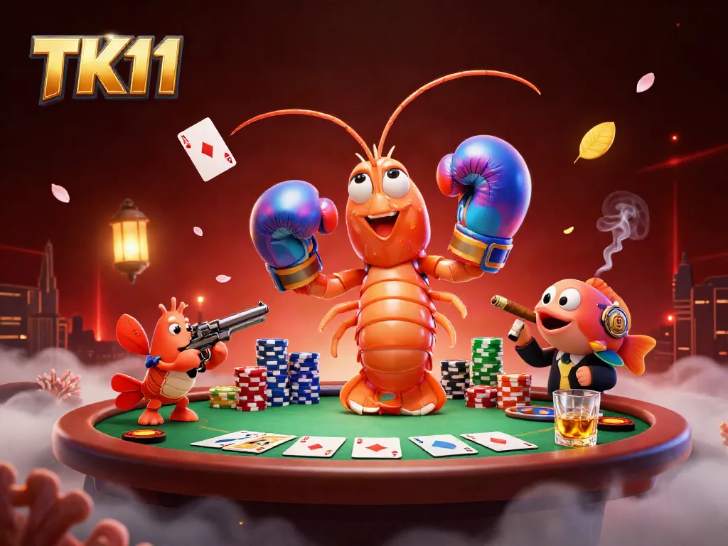 Experience thrilling games at TK11 with a cartoon mantis shrimp championing poker wins.