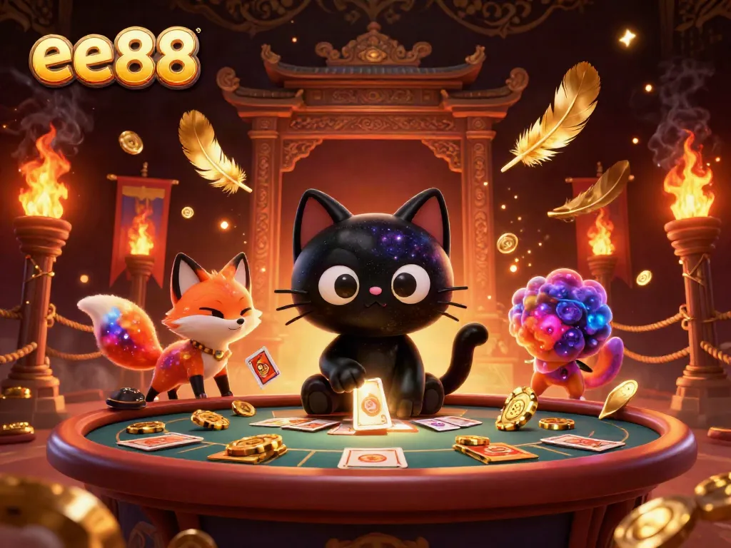 Engage with the exhilarating atmosphere of ee88's cosmic casino featuring a black hole cat charm pulling in golden chips.
