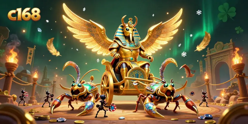 c168 casino illustration with a colossal golden scarab beetle and jewel-encrusted scorpions amidst swirling betting tokens, depicting excitement.