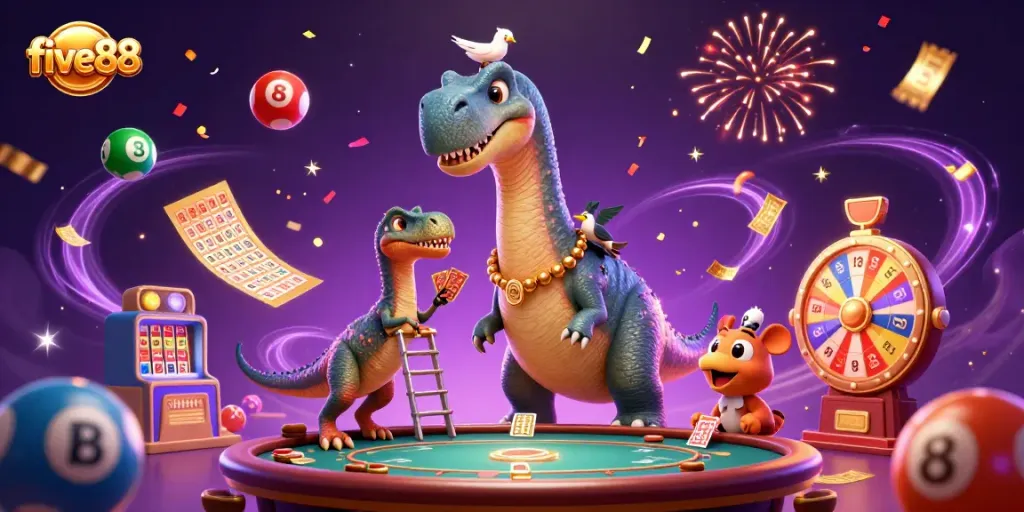 Experience the vibrant energy of five88 with a dynamic 3D casino scene featuring unique characters and games.