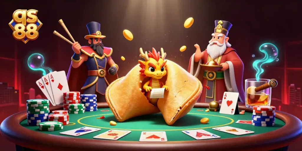 Experience the excitement of qs 88 with a vibrant scene featuring a golden fortune cookie and poker elements.