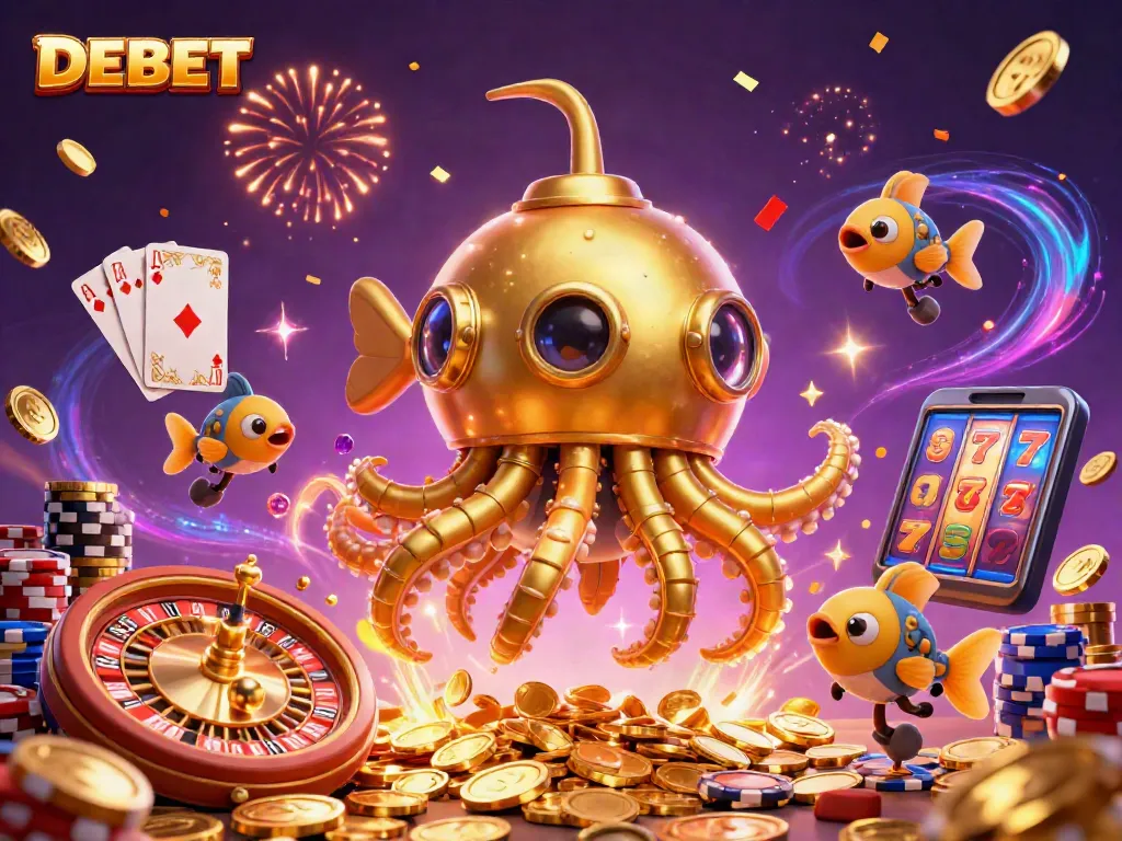 DEBET showcases an energetic casino scene with golden kraken submarine amid coins and vibrant gambling elements.