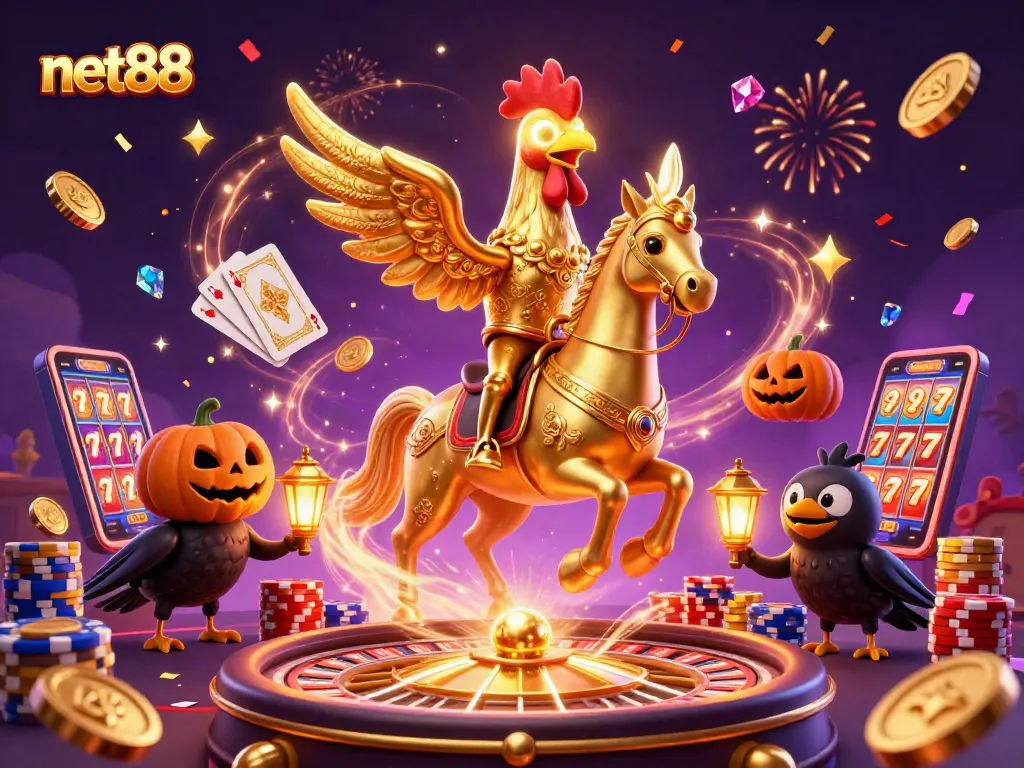 Experience the thrilling action at net88 with golden rooster characters and dynamic casino elements.
