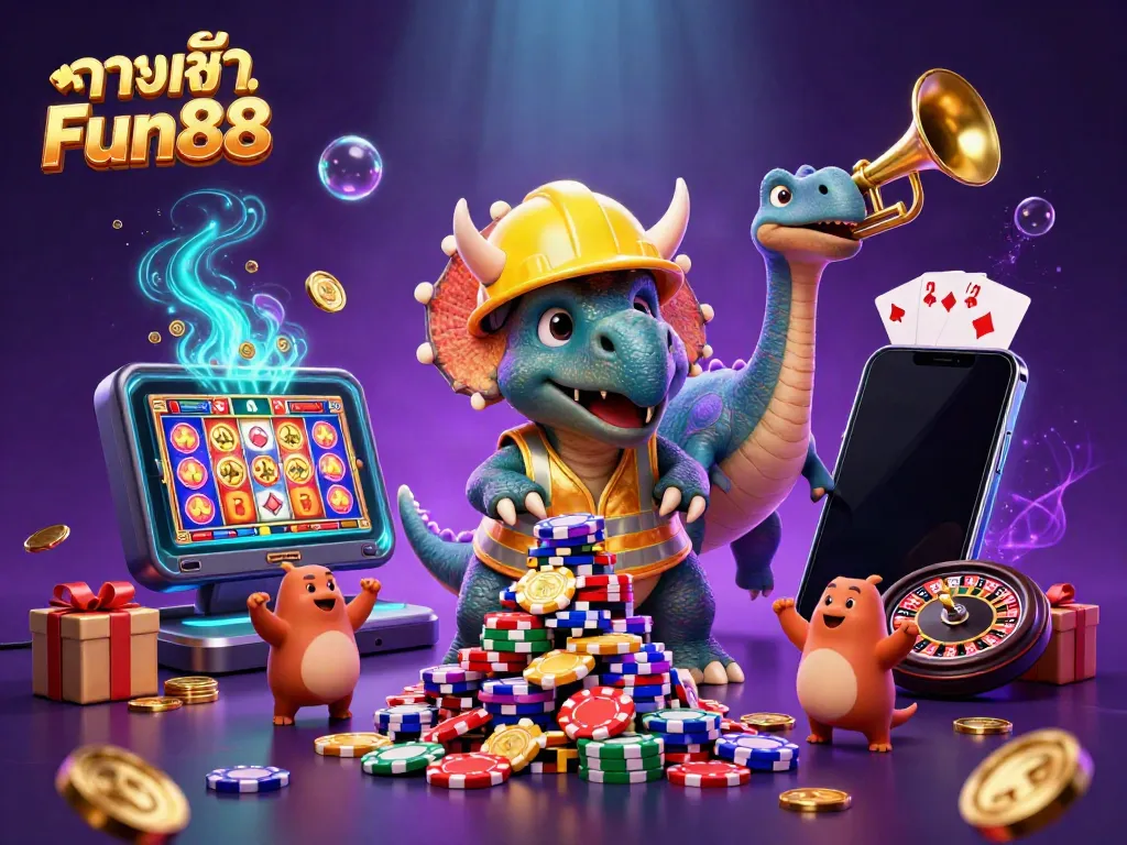 Celebrate with ทางเข้า Fun88, featuring a triceratops and celebration elements in a vibrant casino scene.