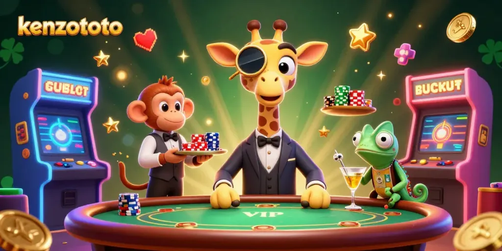 Kenzototo offers an exciting gaming scene with a high-roller giraffe and energetic casino elements.