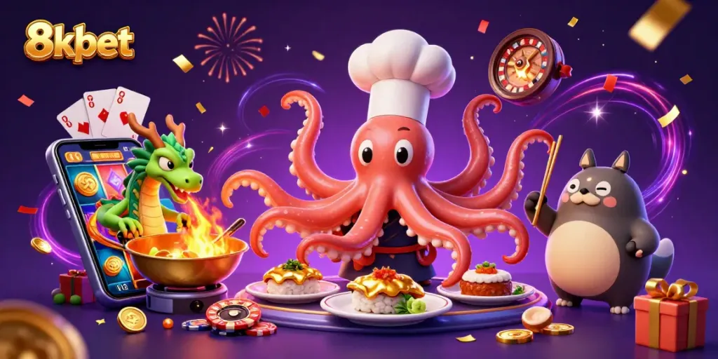 Experience the thrill of 8xbet with a colorful casino scene featuring a sushi chef octopus, a dragon, and a tanuki.