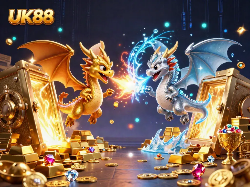 Join the action with UK88 in a vibrant 3D casino scene featuring epic dragons and treasures.
