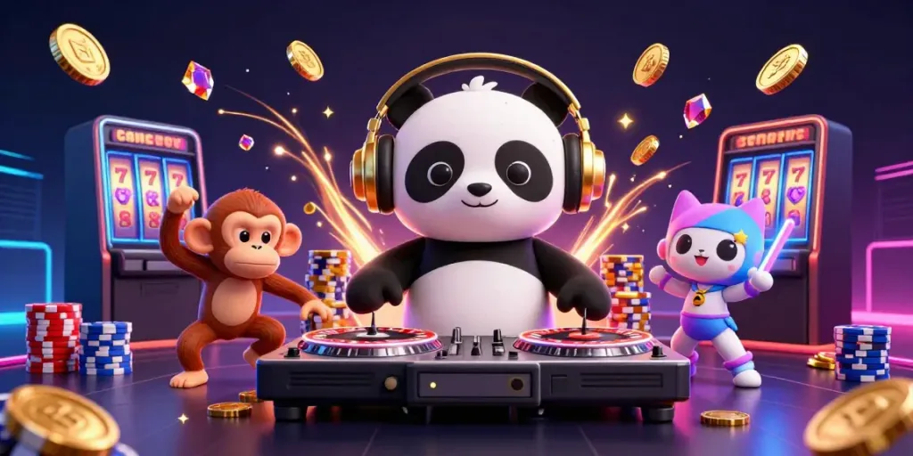 Experience thrilling wins at Luckywin with a DJ panda, monkey dancer, and celebrating kitten in this vibrant casino scene.