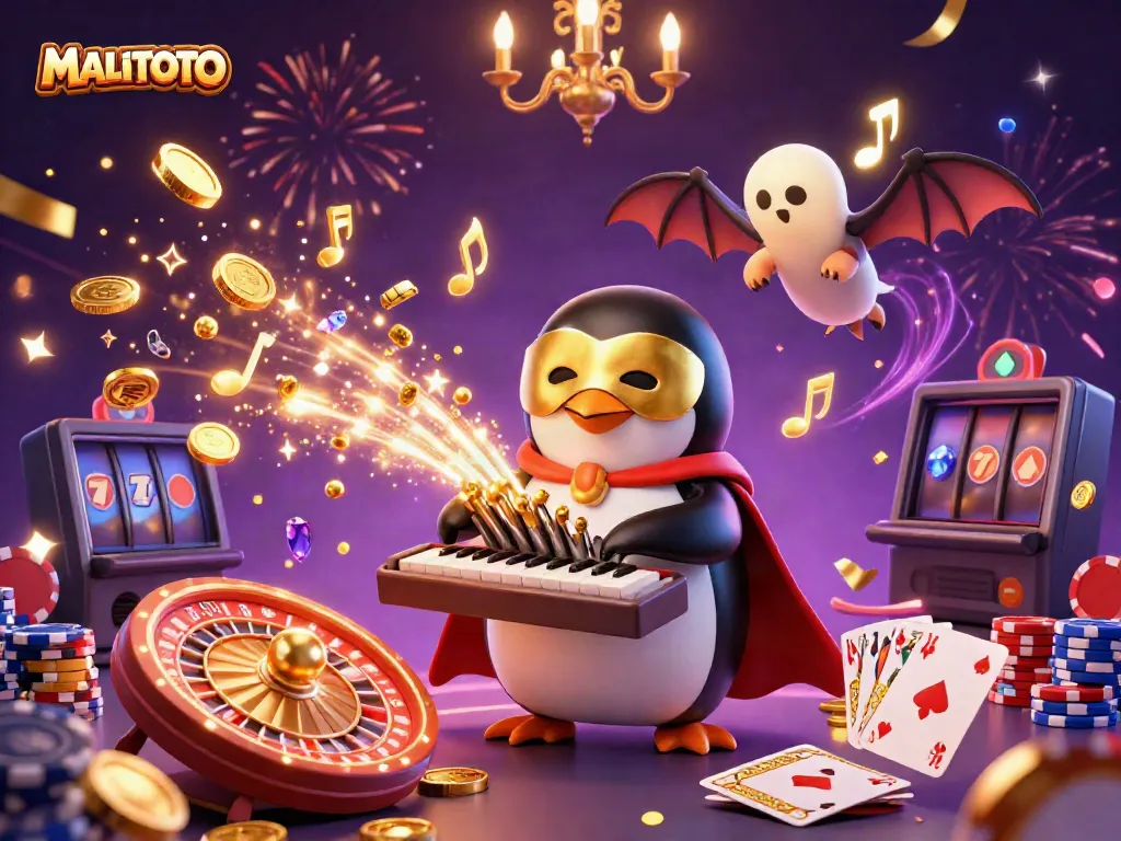 MALITOTO magical casino scene featuring a penguin playing an organ spewing gold coins, with dynamic gambling elements.
