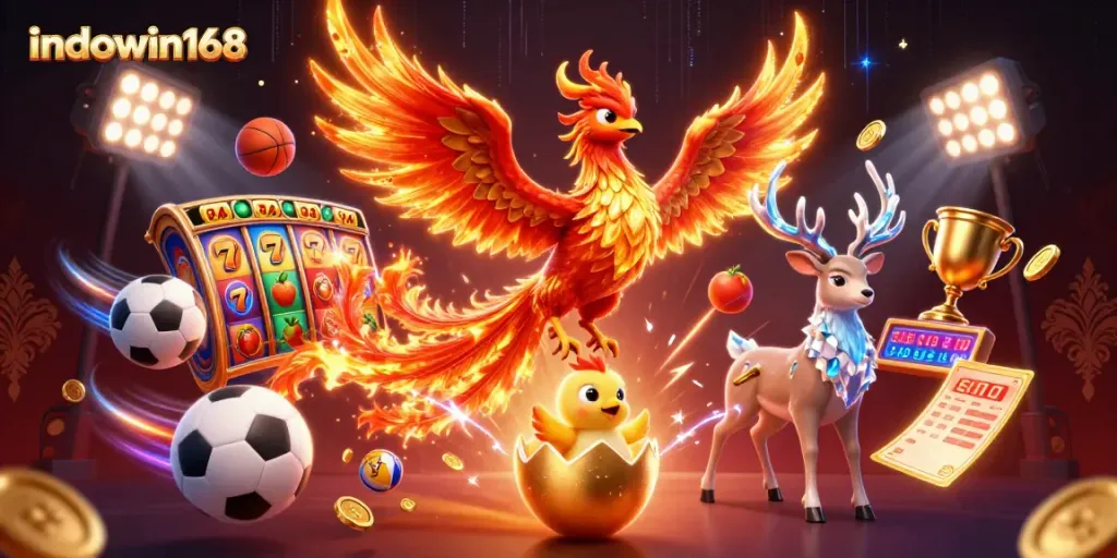 Engage in dynamic gaming with indowin168 showcasing a vibrant phoenix and stunning slot elements.