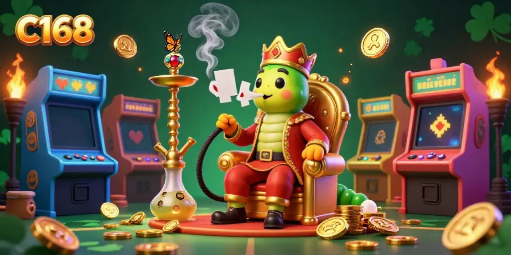 C168 casino-themed illustration showcasing a caterpillar hookah-master and vibrant game elements.