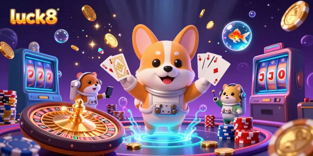 Experience excitement with luck8 as a charming astronaut corgi navigates a mesmerizing space casino.