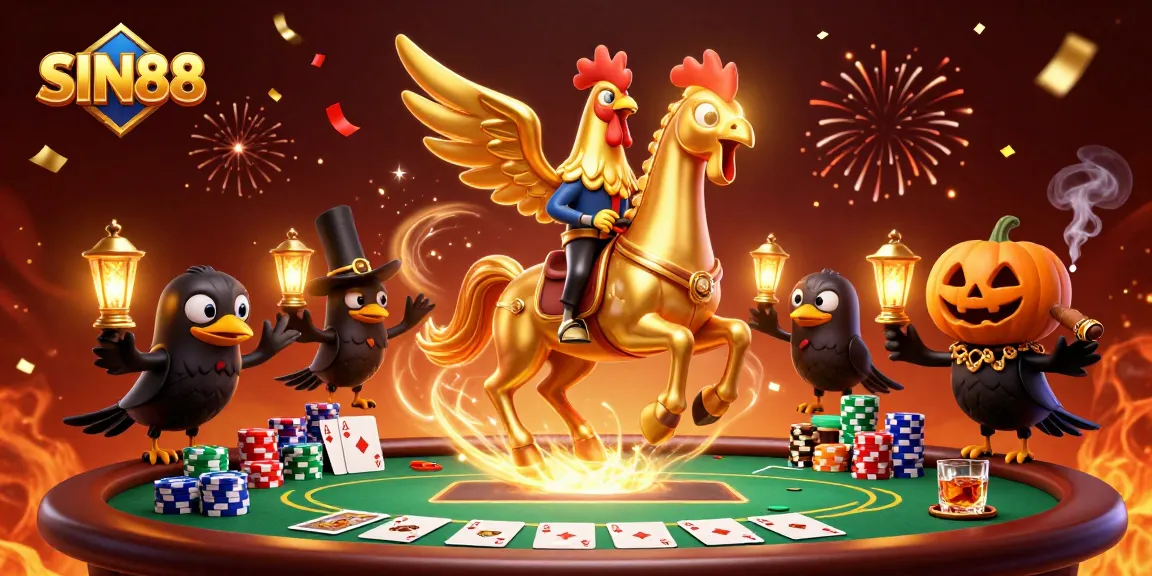 SIN88 showcases a thrilling casino scene with a golden rooster and spectral horse among poker action.
