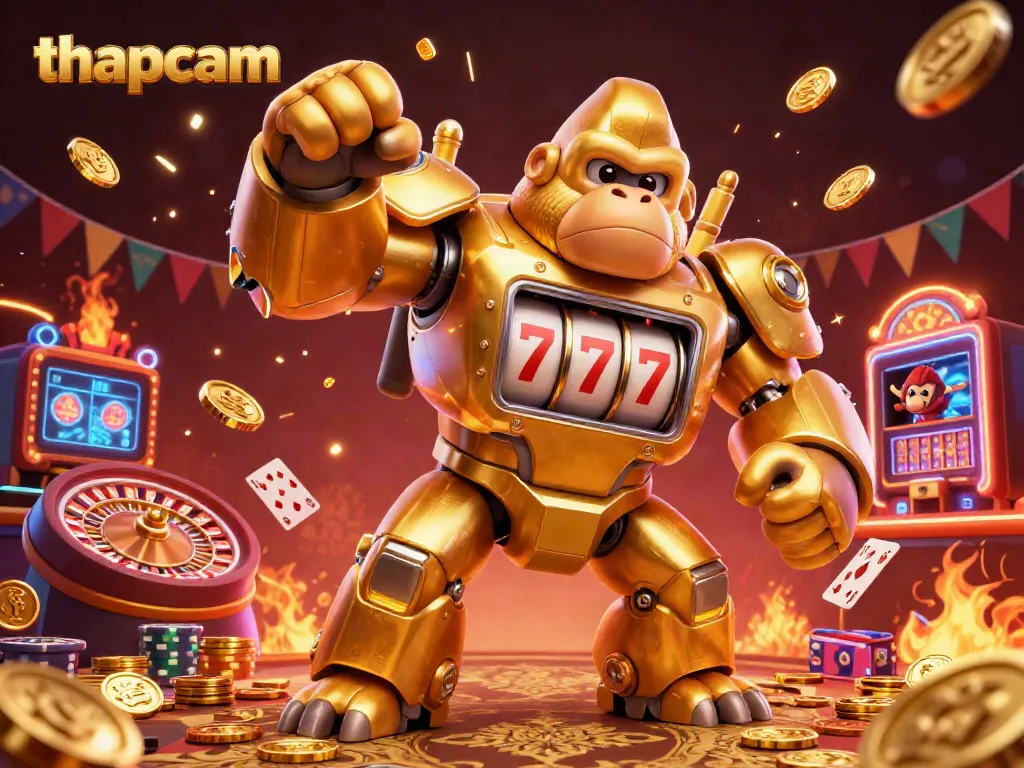 Engage with thapcam's thrilling golden gorilla mech as it celebrates big wins in a vibrant live casino setting.