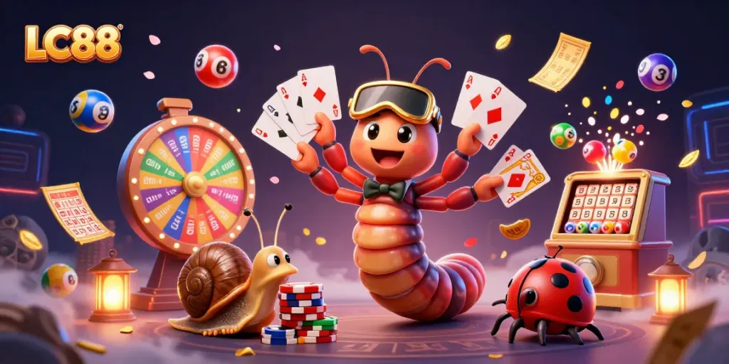 Exciting LC88 casino scene with a cartoon millipede dealer and vibrant gambling elements.