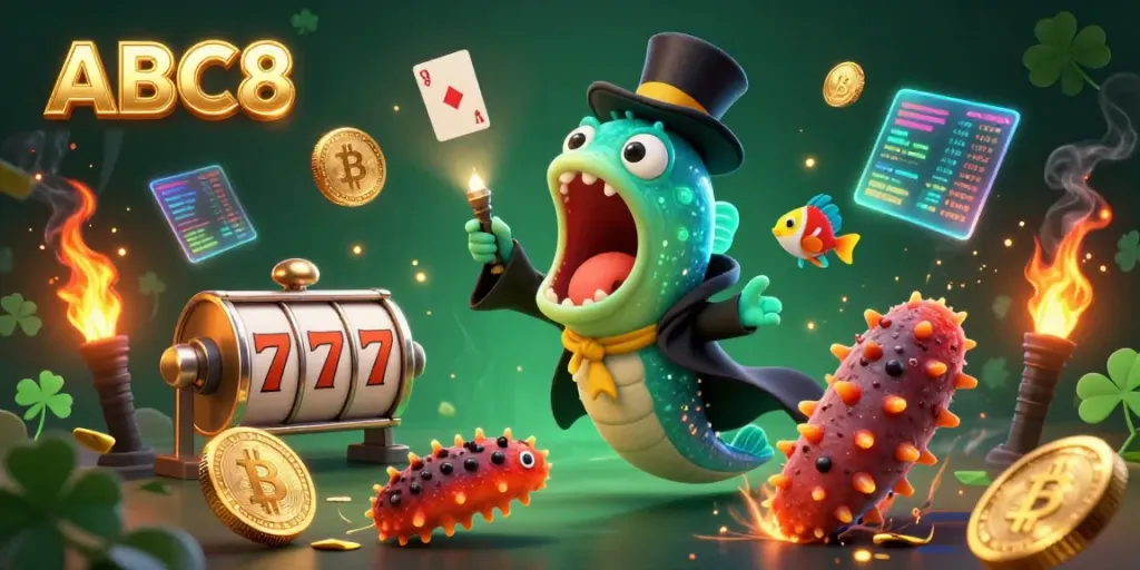 Experience the magic of ABC8 with a vibrant 3D scene filled with dynamic casino elements.