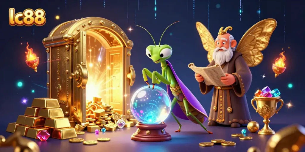 Experience the magic of lc88 with a fortune teller and treasures in a vibrant casino scene.