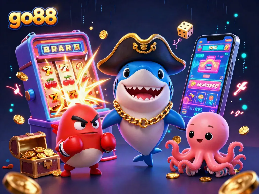 Experience go88's exciting gaming world with a playful shark, pufferfish, and octopus in a vibrant, jackpot-filled casino.