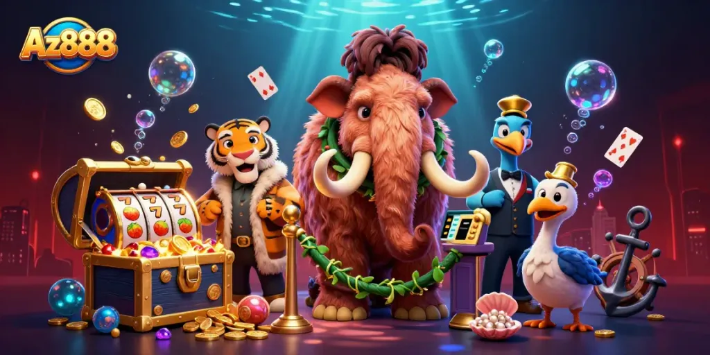 Experience the excitement of Az888 with a vibrant 3D illustration of casino characters and games.