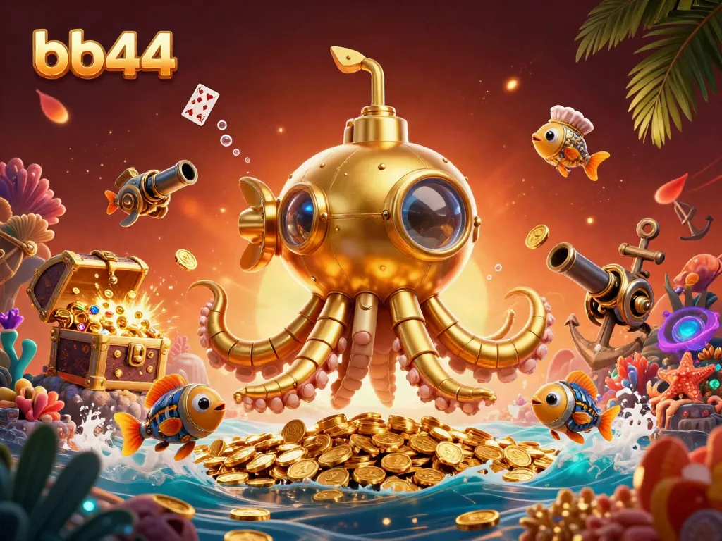 Experience winning thrills with bb44's golden kraken submarine and treasure-filled underwater scene.