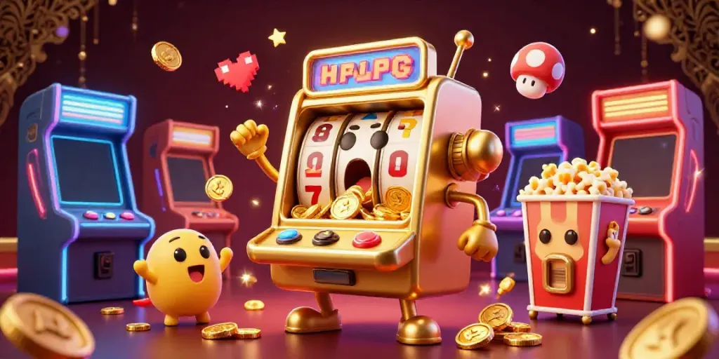 8tt8's golden slot machine hits the jackpot in a vibrant 3D casino scene.