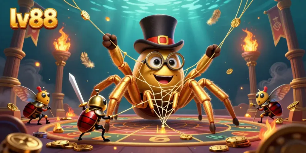 Engage with lv88's thrilling casino world amidst a lavish golden web of opportunity, featuring exciting characters.
