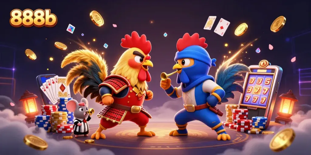 Experience thrilling gameplay with 888b's fighting roosters amidst dynamic casino elements and vibrant actions.
