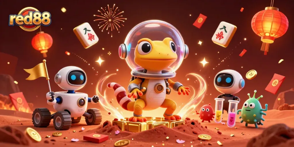 Engage with red88's dynamic casino scene featuring vibrant characters and elements celebrating gaming.