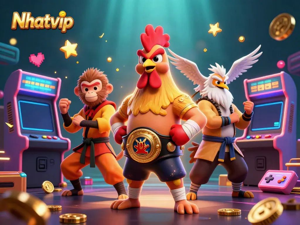 Nhatvip showcases a chaotic casino scene with cartoon characters amidst vibrant gaming elements.