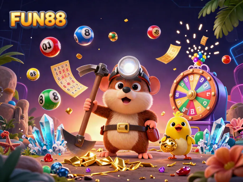 Experience FUN88's vibrant gaming world through this dynamic illustration of cartoon characters interacting with casino elements.