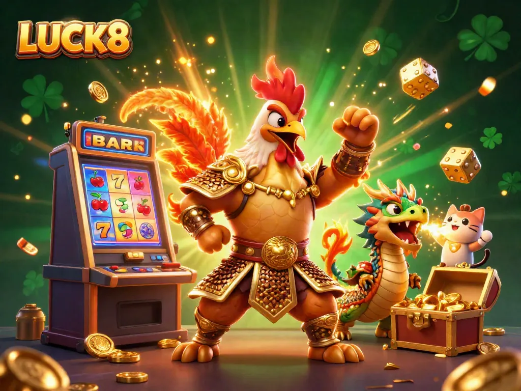 LUCK8 online casino characters celebrating a jackpot explosion amidst vibrant game elements.