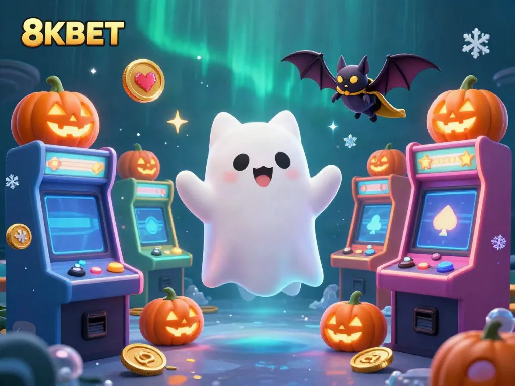 Experience thrilling gaming action with 8KBET in this vibrant casino scene featuring ghostly characters and glowing slot machines.