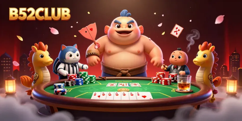 B52CLUB showcases a lively underwater poker scene with a fugu and catfish, engaging players in a vibrant atmosphere.