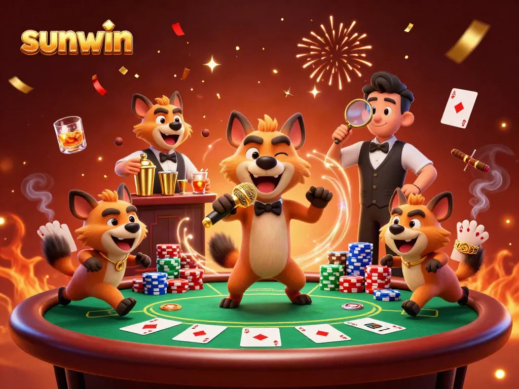 Sunwin casino scene featuring animated hyenas involved in comedy and gaming activities.