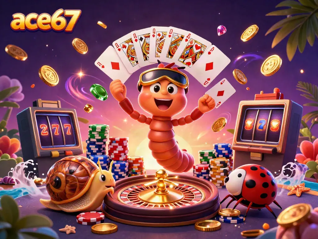 Experience excitement at ace67 with our vibrant casino scene featuring a cartoon dealer and high-rollers.