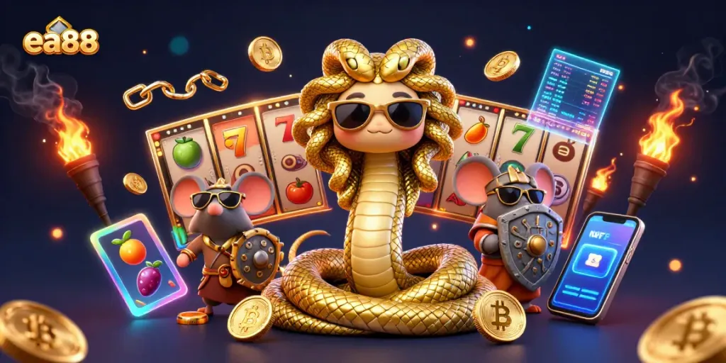 Win big with ea88 in a vibrant casino scene showcasing lucky slots and friendly characters.