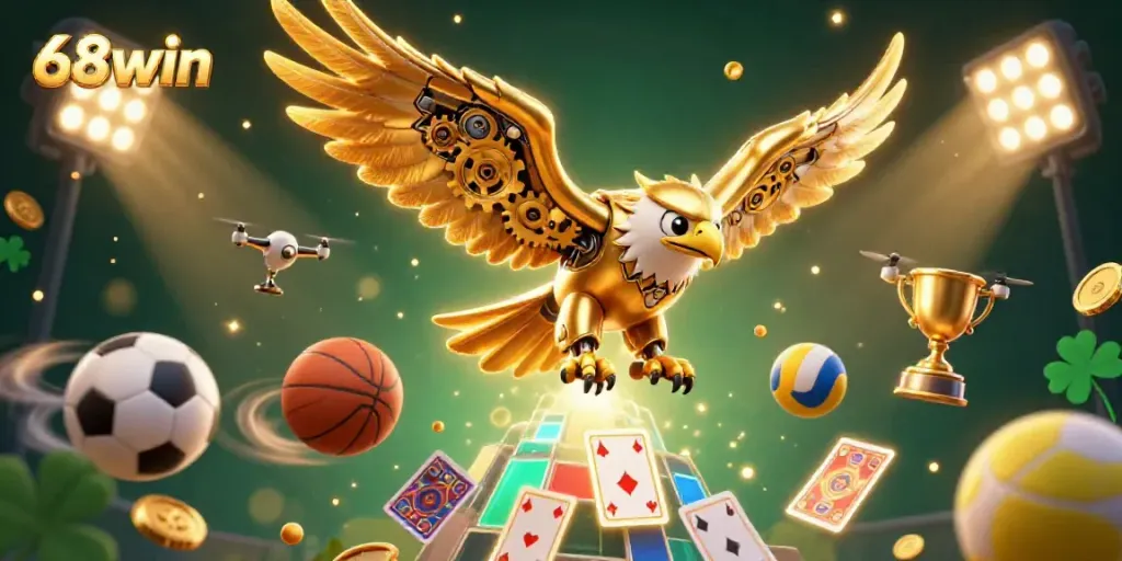 Experience thrilling bets and dynamic gameplay at 68win with a vibrant illustration of a cybernetic eagle and sports elements.