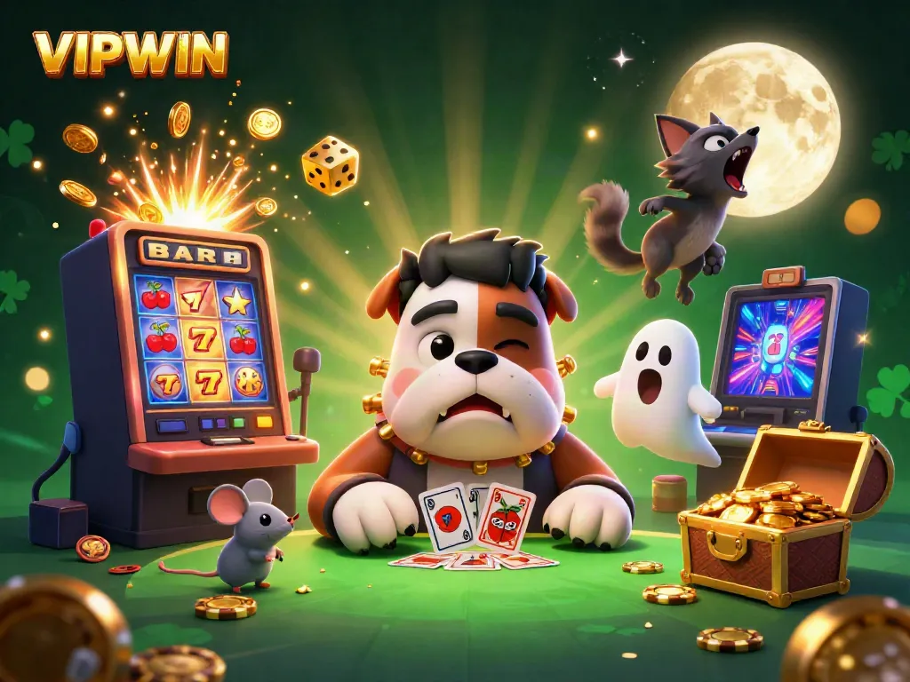 VIPWIN's vibrant 3D scene showcases a Frankenstein bulldog dealer and a gold moon howling kitten.
