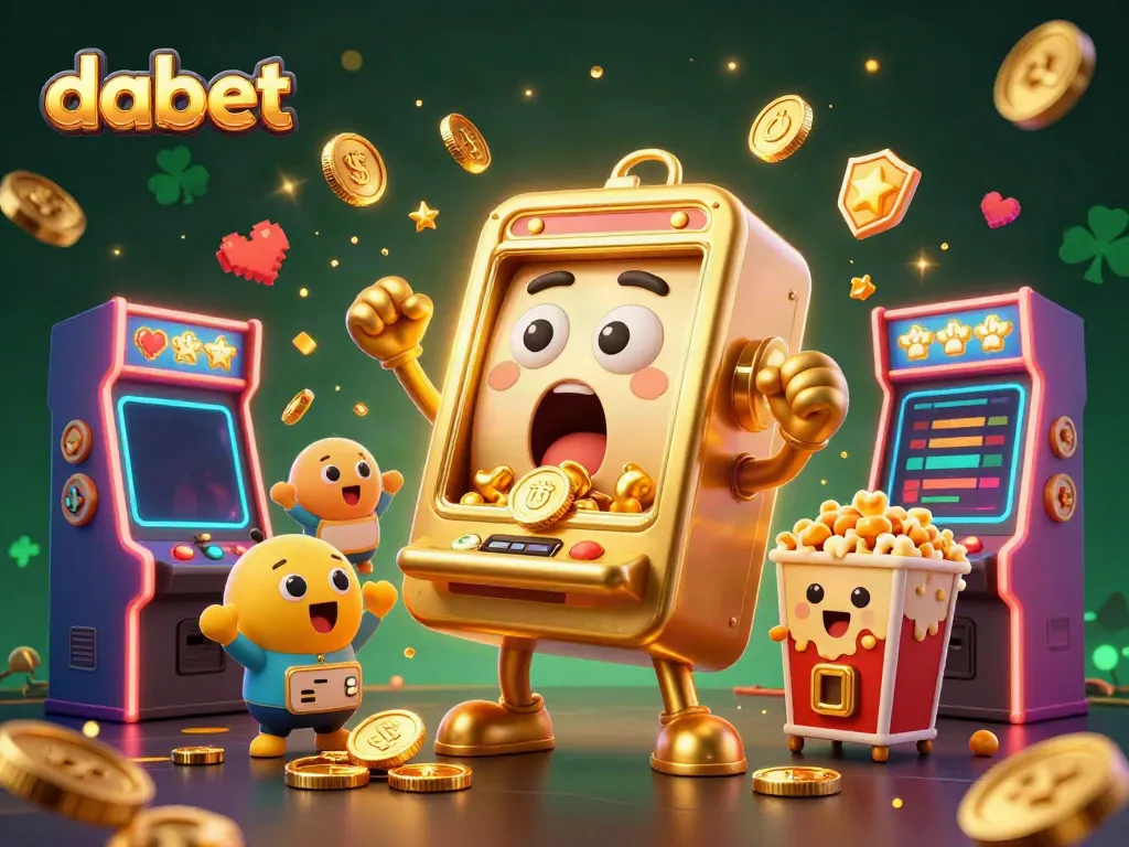 Engage with dabet's exciting world of gaming, featuring a lively slot machine jackpot celebration amidst vibrant casino elements.