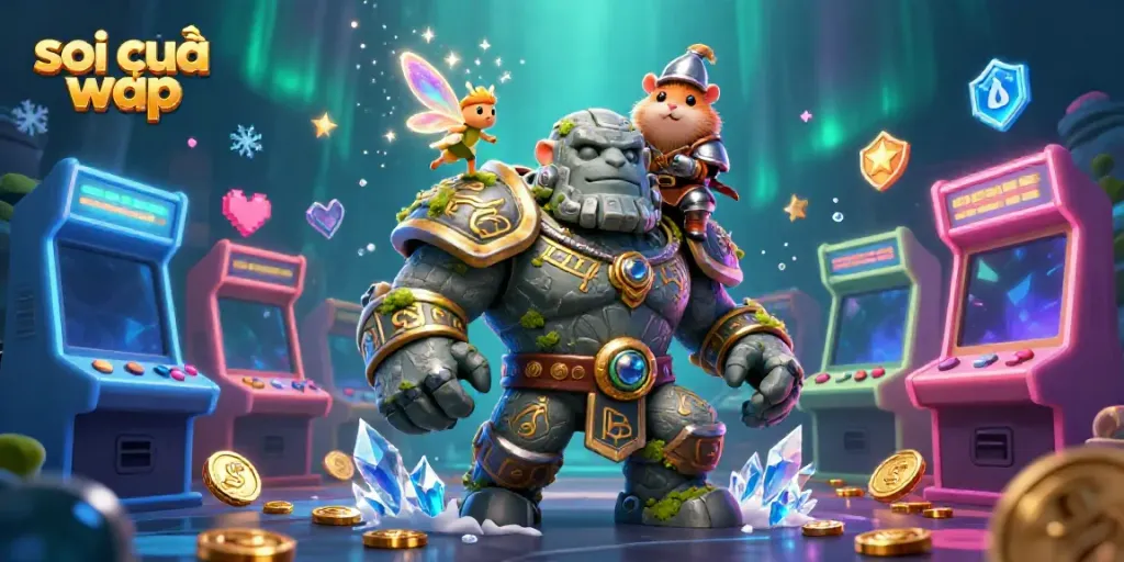 Experience the magic of soi cầu wap with a vibrant scene of a golem guardian, a fairy, and a hamster knight amidst colorful casino elements.