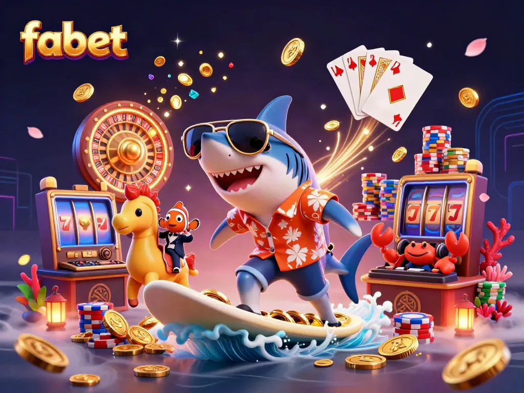 Experience fabet's vibrant casino atmosphere with a 3D cartoon shark, clownfish, and crab DJ in an exhilarating scene.