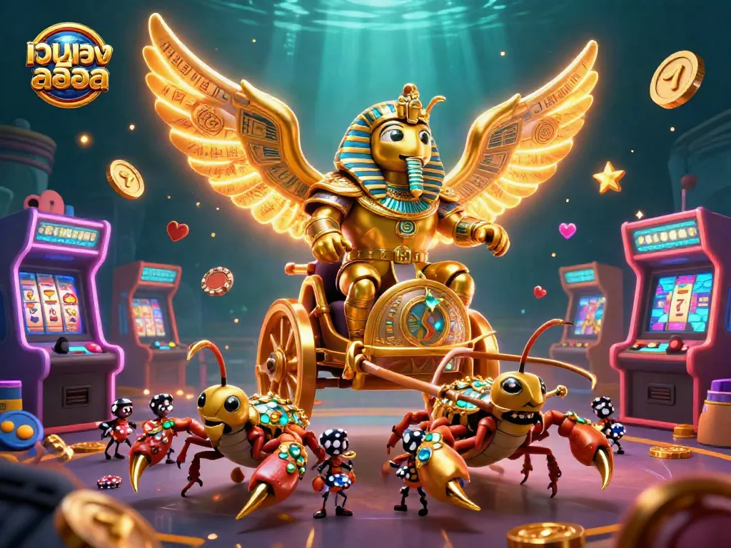 Engage with เว็บตรงสล็อต showcasing a cartoon golden scarab beetle amidst colorful slots and gaming elements.
