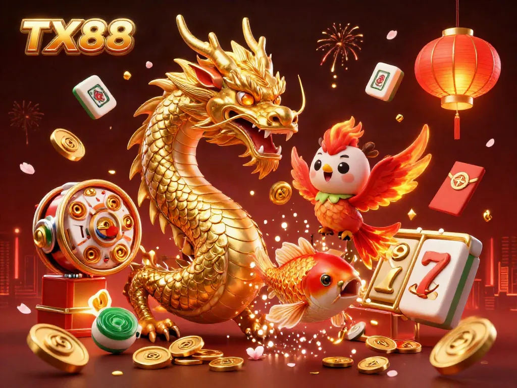Experience the thrilling world of TX88 with a vivid 3D illustration of a golden dragon and phoenix amidst dynamic casino elements.