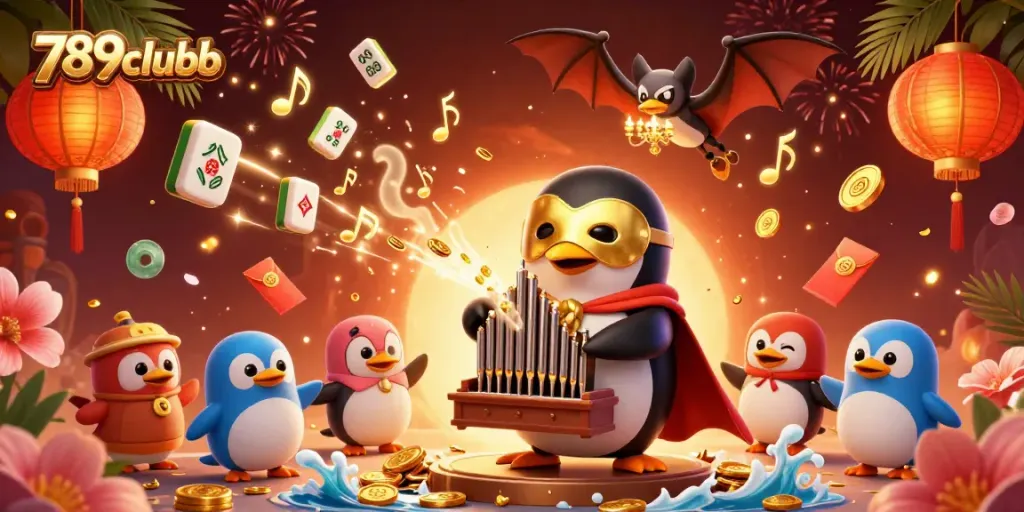 Engage with 789clubb as a penguin plays an organ, coins showering in a vibrant casino scene.
