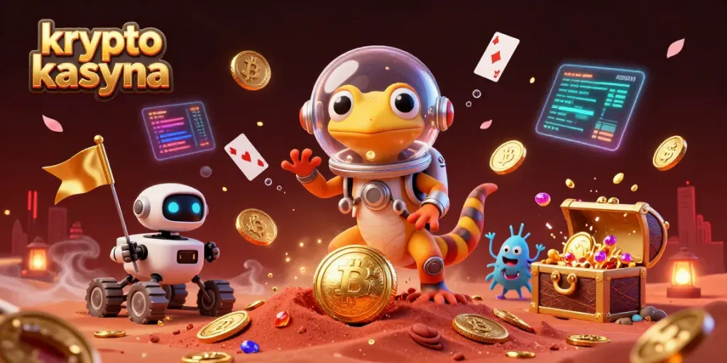 Exciting krypto kasyna concept showcasing a Martian gecko exploring a golden casino with Bitcoin elements.